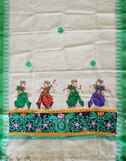 Advaita Handicrafts Handpainted Patachitra dupatta cum stole/shawl - Dancing Girls and Shringar raas