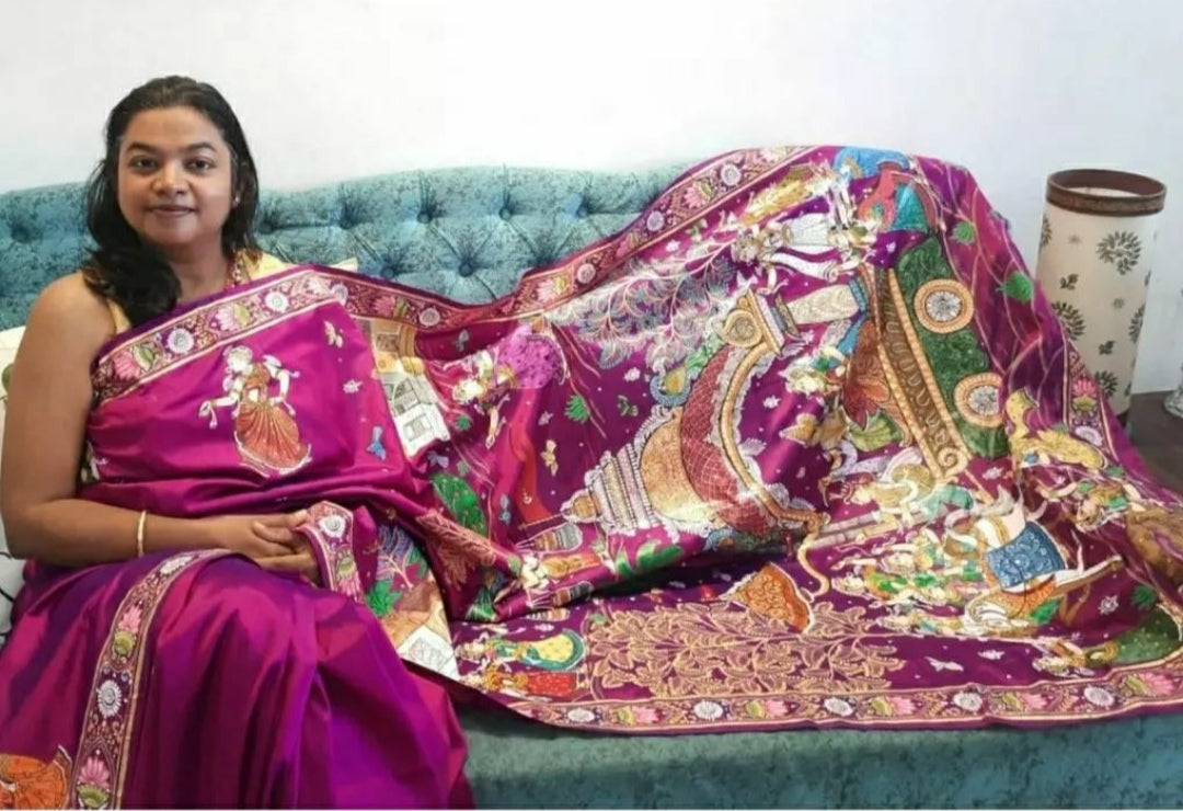 Pure Handspun Silk – Hand Painted Patachitra Saree – Raja Rani theme