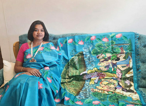 Handspun and hand-painted Govardhan Parvat Fine art & Pichwai Silk saree