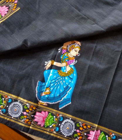 Pure Handspun Silk – Hand Painted Patachitra Saree – Raja Rani theme