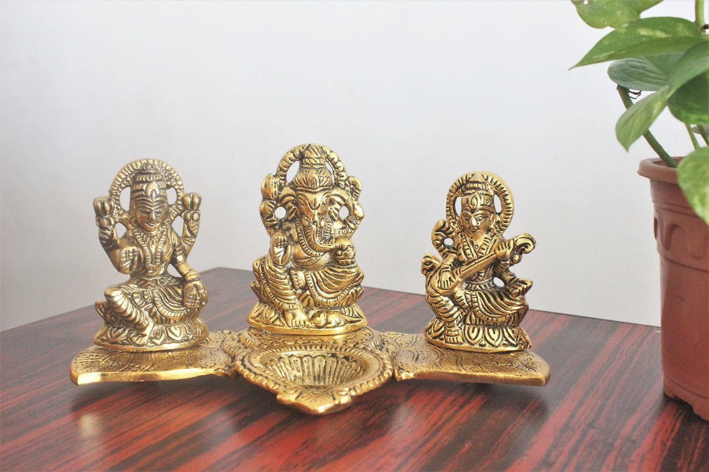 White Metal Pooja Ganesha Laxmi Saraswati Diya