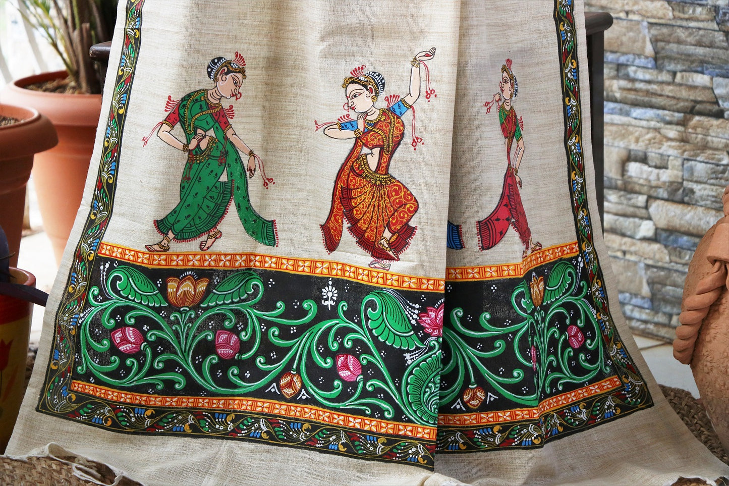 Advaita Handicrafts Handpainted Patachitra dupatta cum stole/shawl - Dancing Girls and Shringar raas