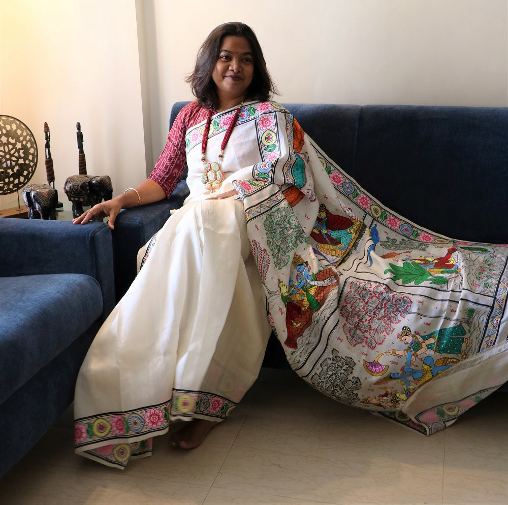 Pure Silk Hand-painted Patachitra Saree - Krishna Seasons