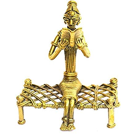 Decorative brass statue of Lady on cot combing hair/Reading/  Dhokra figurine of lady combing her hair