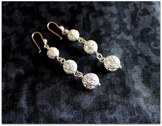 Jaali or Mesh Filigree Earrings - Double mesh/ Globe/ Disc-o- danglers - Silver Filigree Statement Earrings
