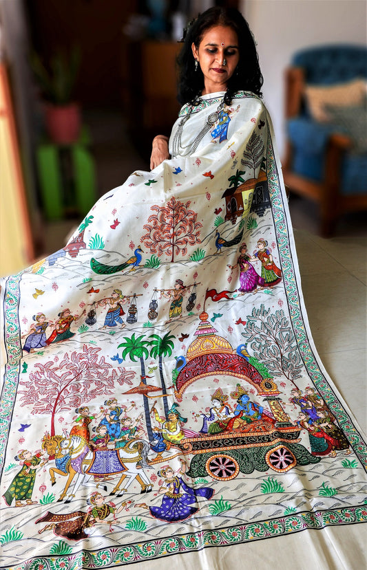 Advaita Handicrafts Pure Handwoven tassar silk – Hand Painted Patachitra Saree – Krishna Mathura Gaman.